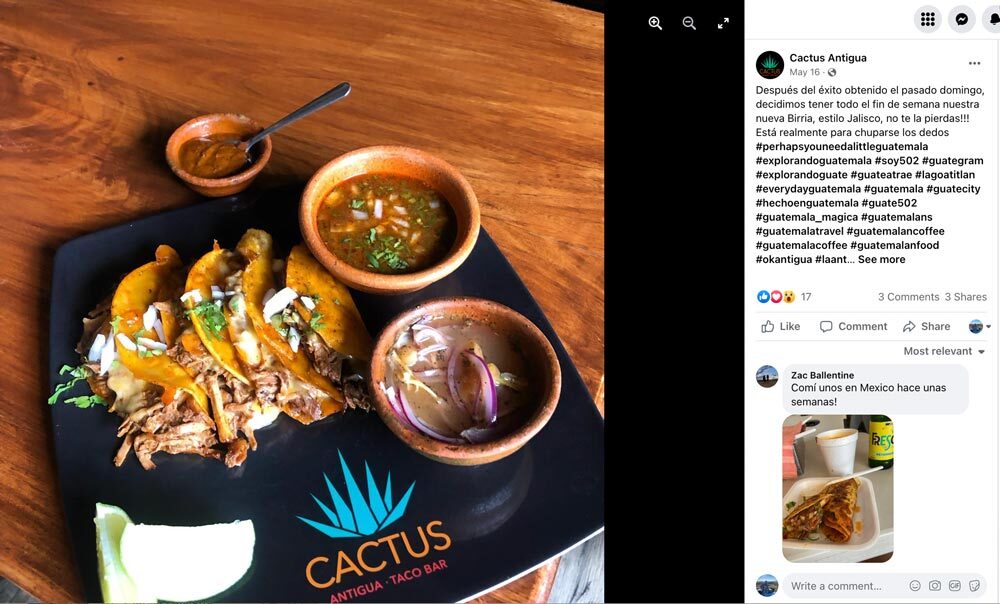 Cactus Grill restaurant in Antigua Guatemala facebook post